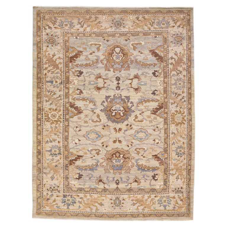 Modern Sultanabad Handmade Beige Wool Rug With Floral Design For Sale