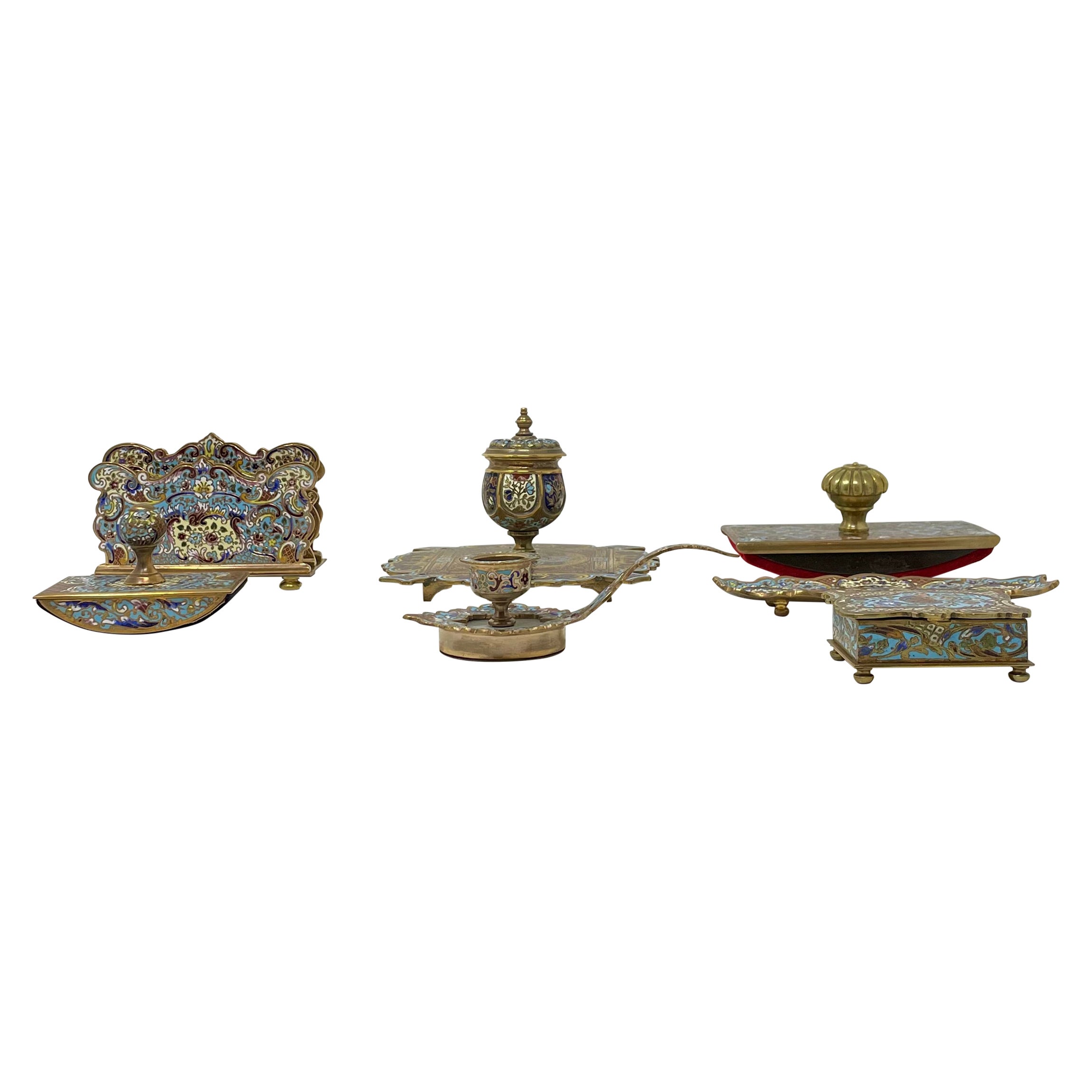 Antique French Cloisonné Enamel & Gold Bronze 7 Piece Inkwell Desk Set, Ca. 1890 For Sale