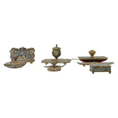 Antique French Cloisonné Enamel & Gold Bronze 7 Piece Inkwell Desk Set, Ca. 1890