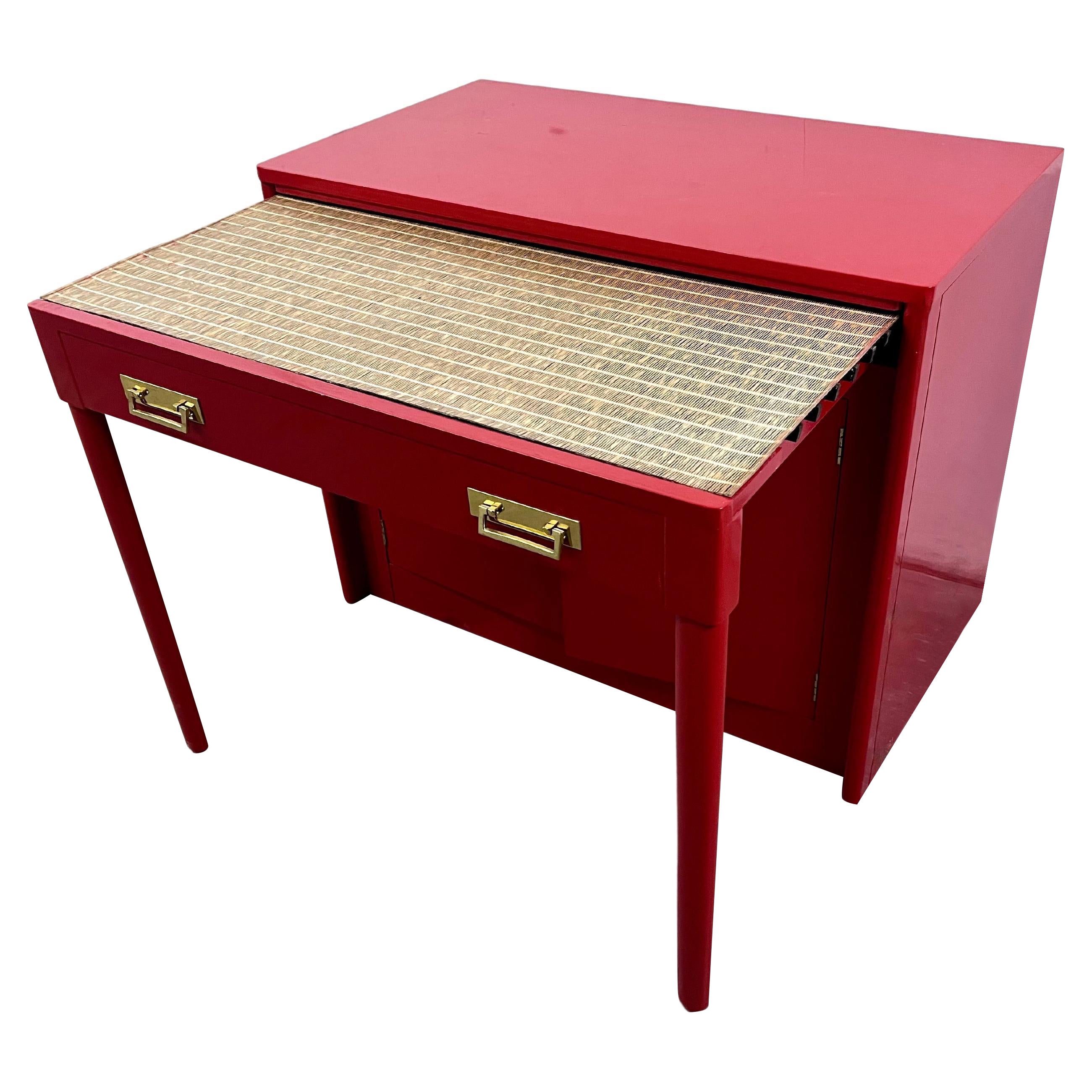 Red Lacquer Chinoiserie Inspired Cabinet that pulls out into a Dining Table For Sale