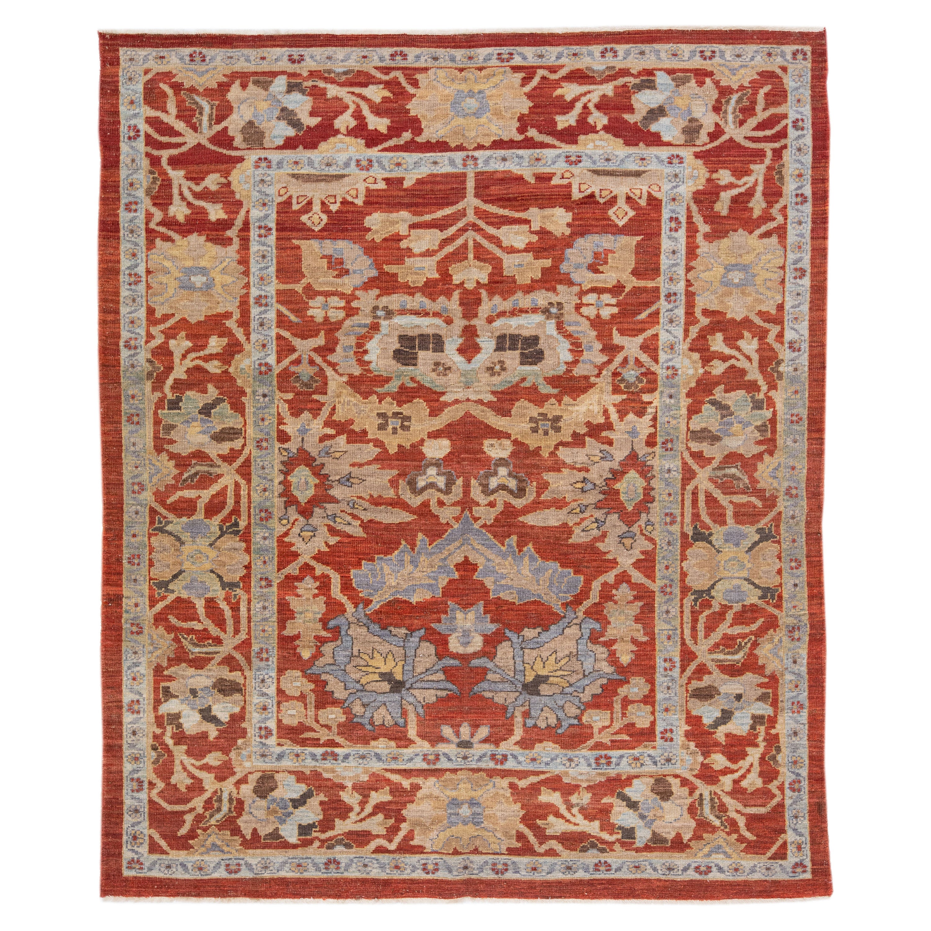 Modern Sultanabad Handmade Floral Pattern Rust Wool Rug For Sale