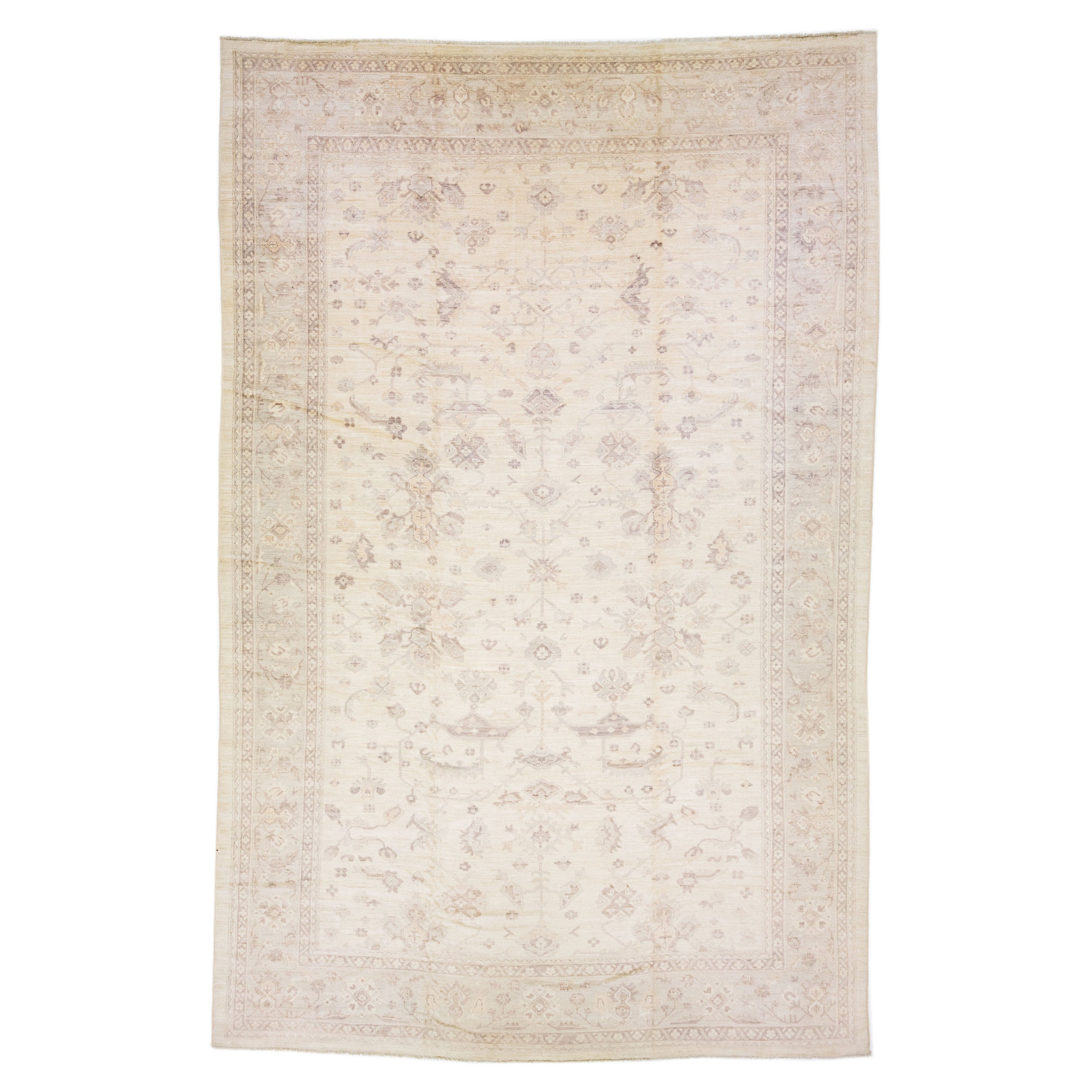 Floral Modern Turkish Oushak Handmade Beige & Gray Wool Rug For Sale
