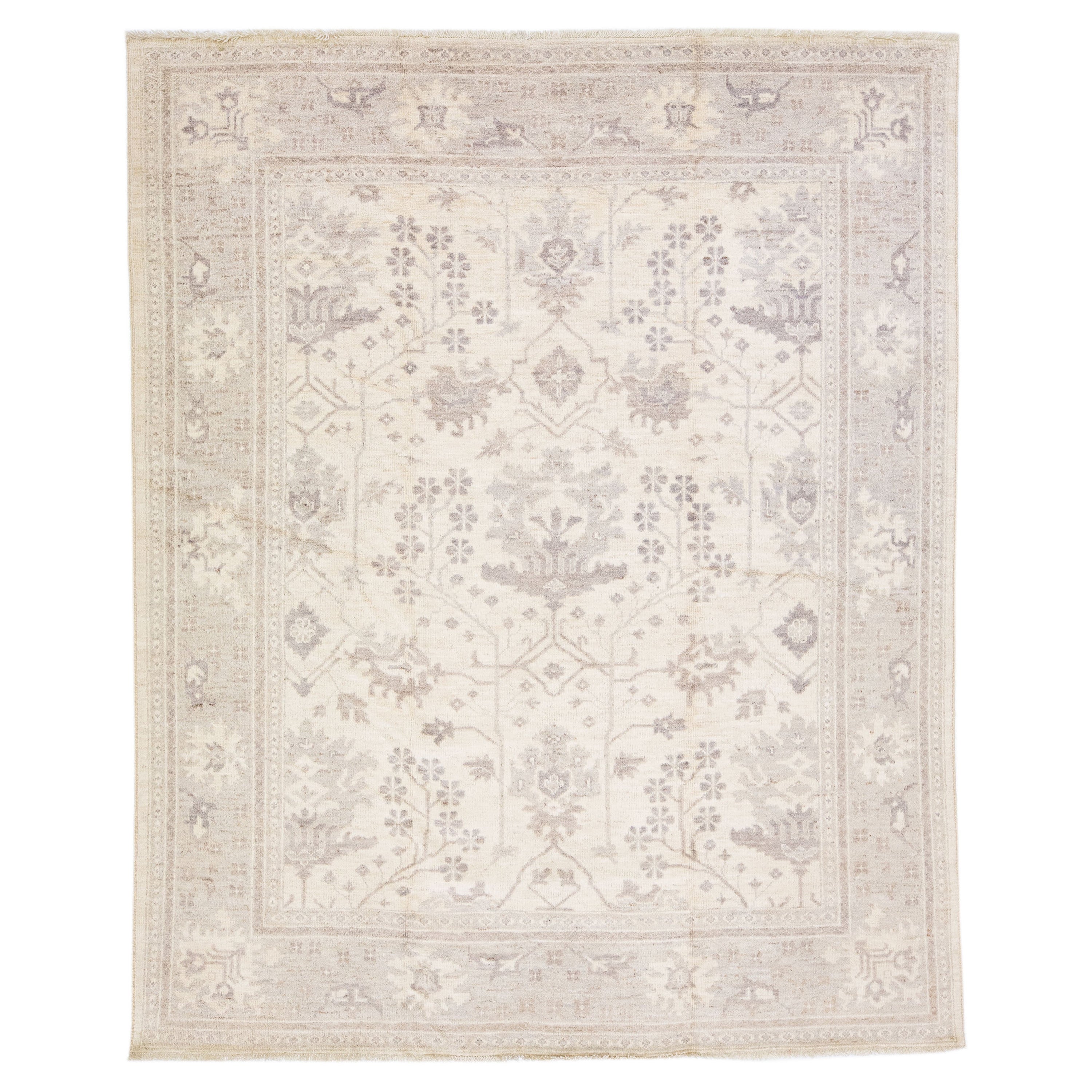 Modern Turkish Oushak Beige & Gray Handmade Floral Wool Rug