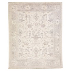 Tapis moderne turc Oushak en laine  fleurs beige et gris fait  la main