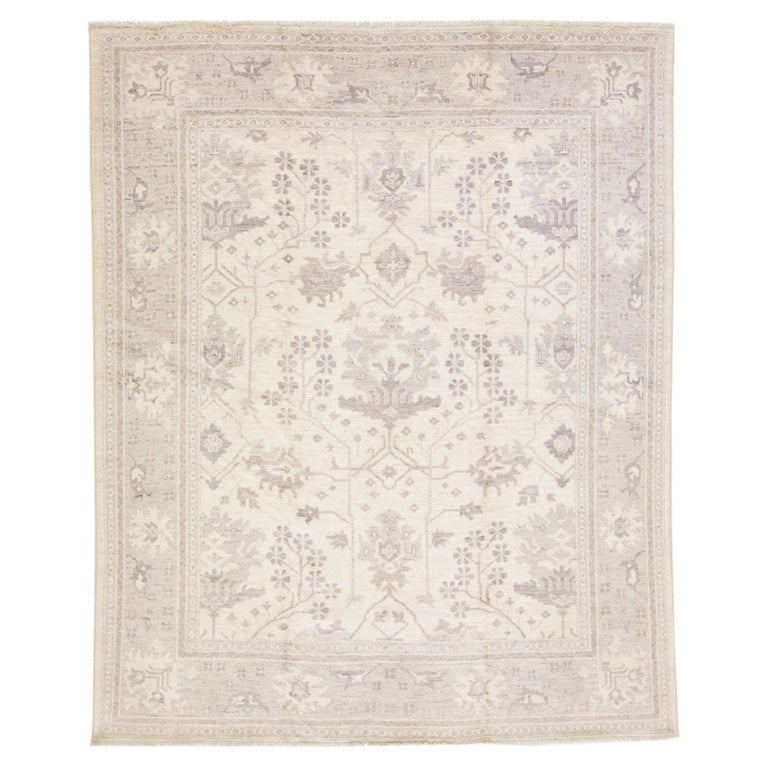 Modern Turkish Oushak Beige and Grey Handmade Floral Wool Rug For Sale