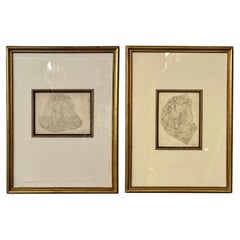 Pair of 19th C. Oriental Shunga Drawings, 'Loving Couple' Signed & Dated