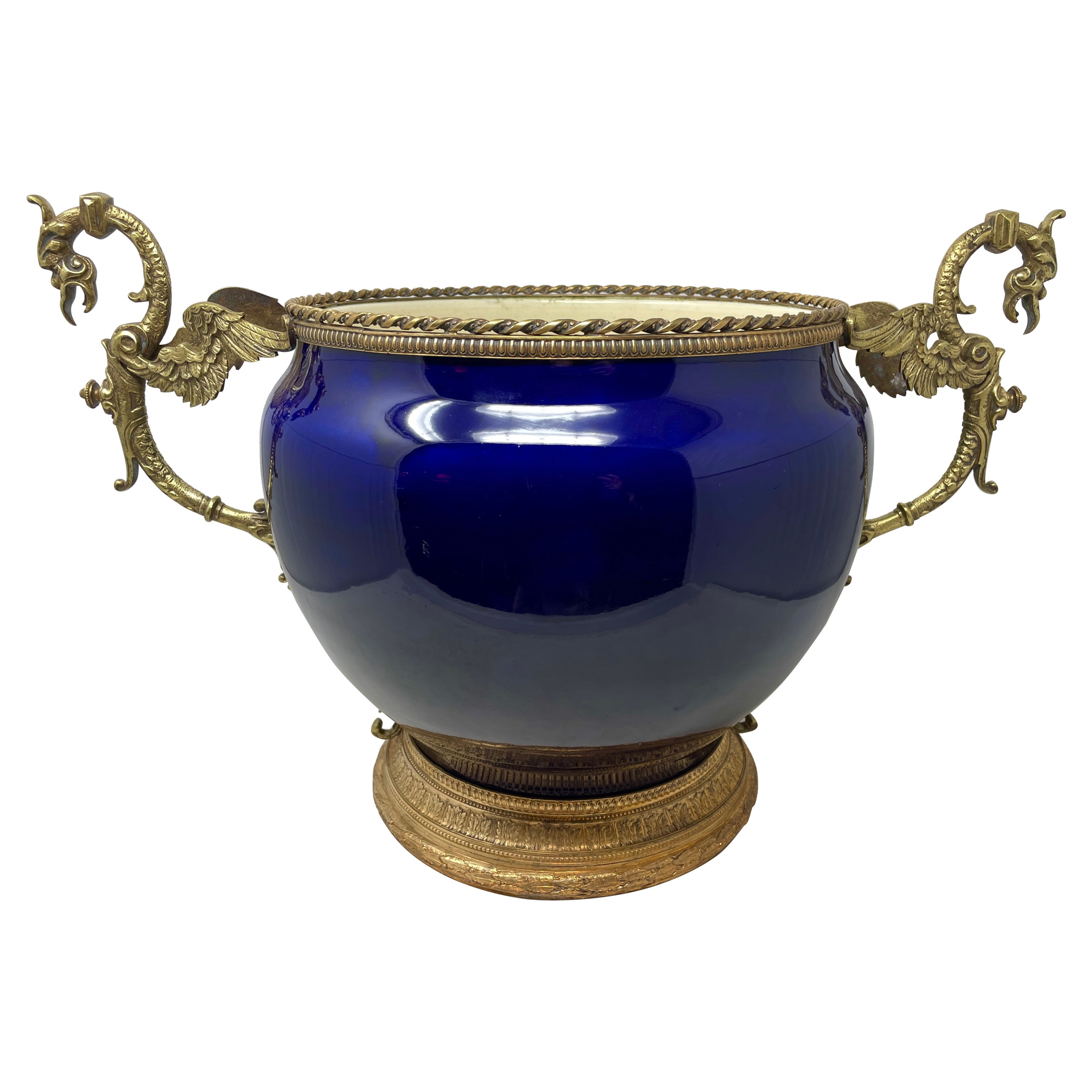 Antique French Cobalt Blue Porcelain Jardiniere with Gold Bronze Mounts, Ca 1890