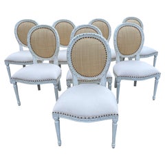Elegant Set of 8 Louis XVI Style Painted and Upholstered French Dining Chairs