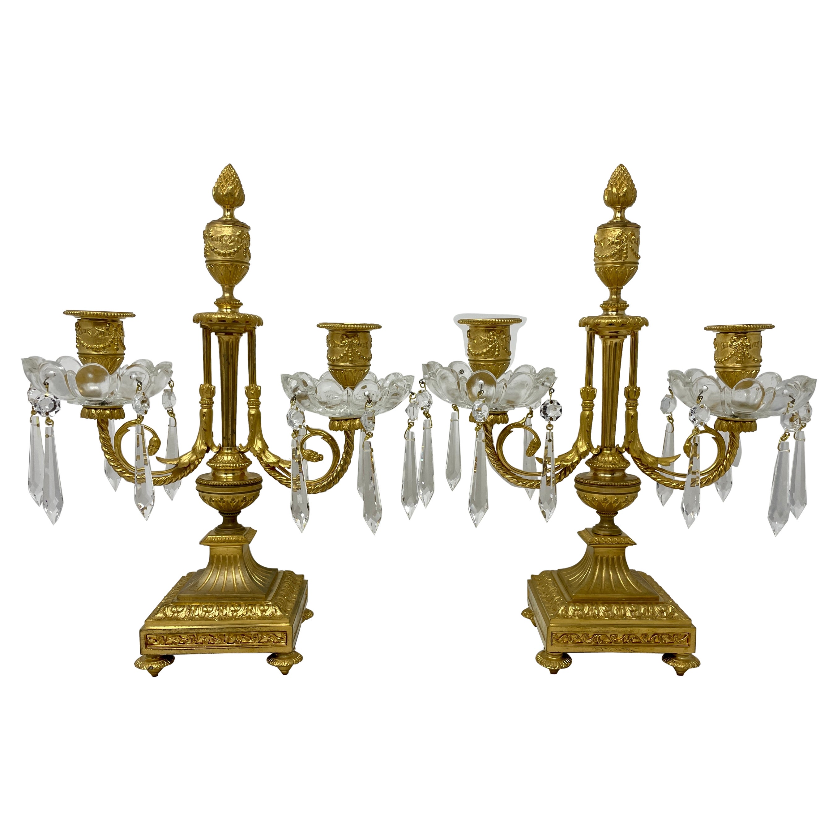 Pair Antique French Gold Bronze and Crystal Candelabra, Circa 1875-1895