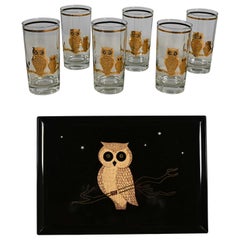 Retro MCM Gold Embossed Culver Owl Glasses & Couroc Tray with Wood Owl Inlay