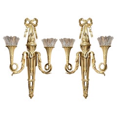 Pair Antique French Louis XVI Ormolu Sconces with Baccarat Crystal Bobeches