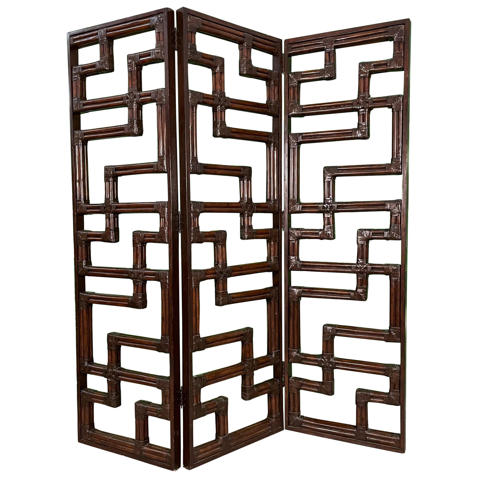 Rattan Chippendale Fretwork 3-Panel Folding Screen For Sale