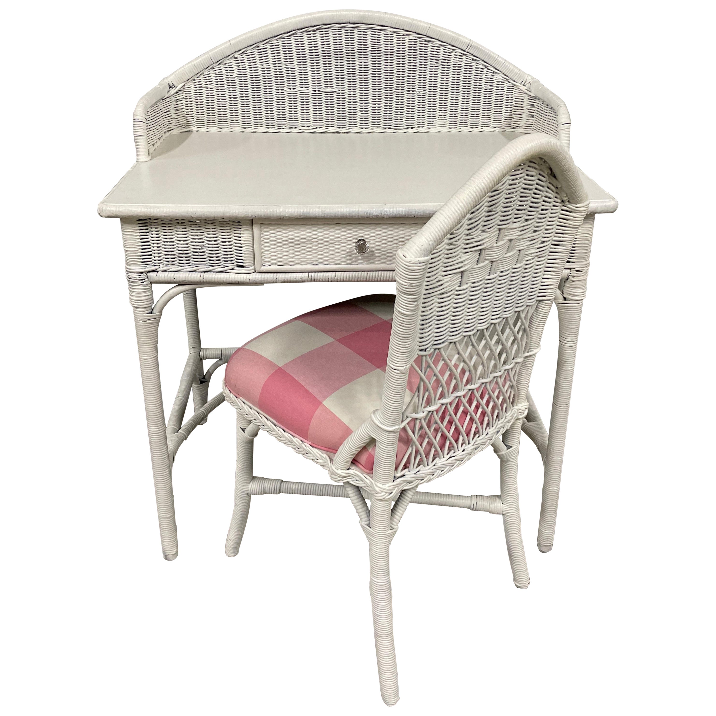 Antique White Wicker Dressing Table / Desk & Chair Set For Sale