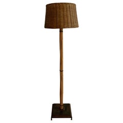 Vintage Bamboo and Brass Floor Lamp with Wicker Shade