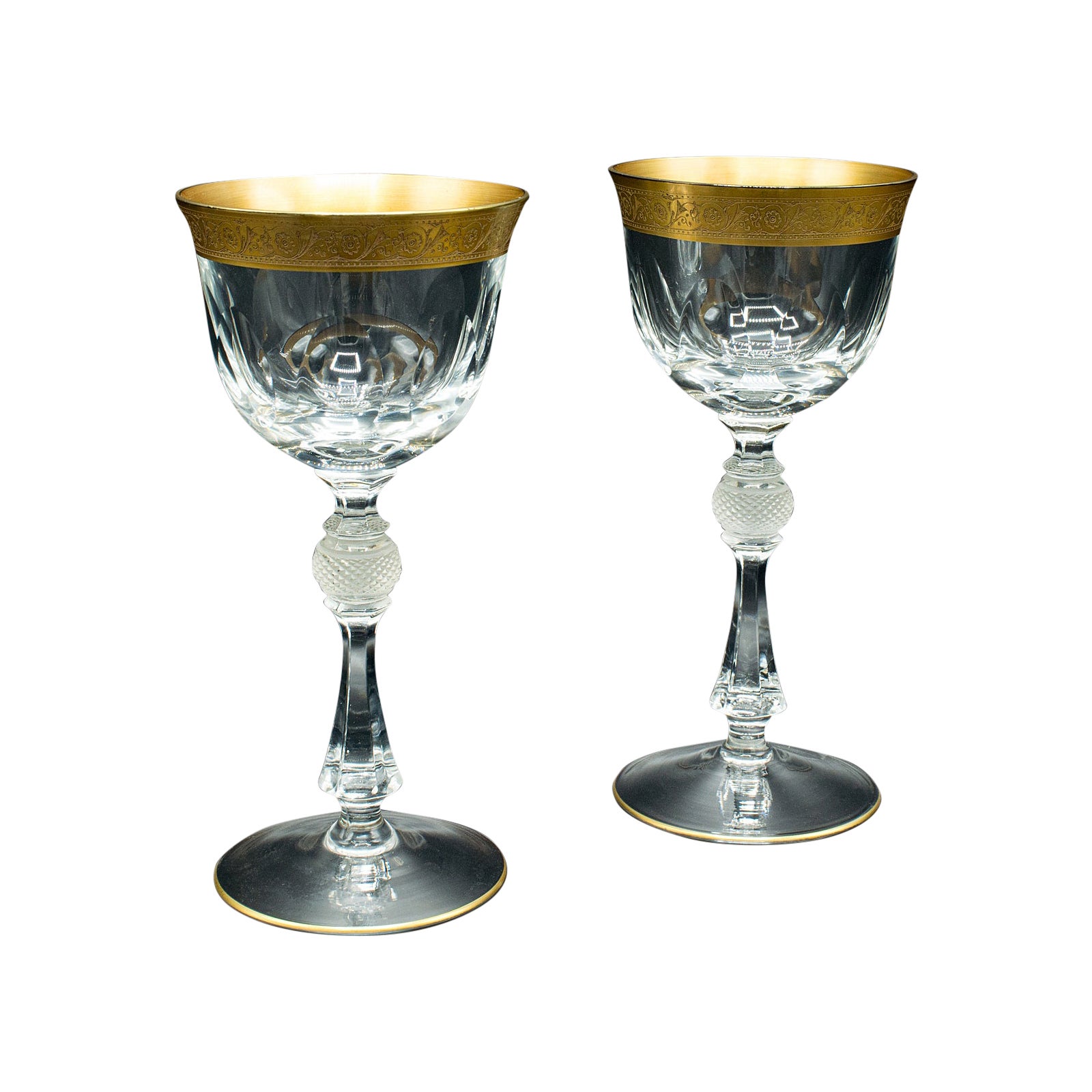 Pair of Antique Celebratory Port Glasses, French, Gilt, Stem Glass, Art Deco For Sale