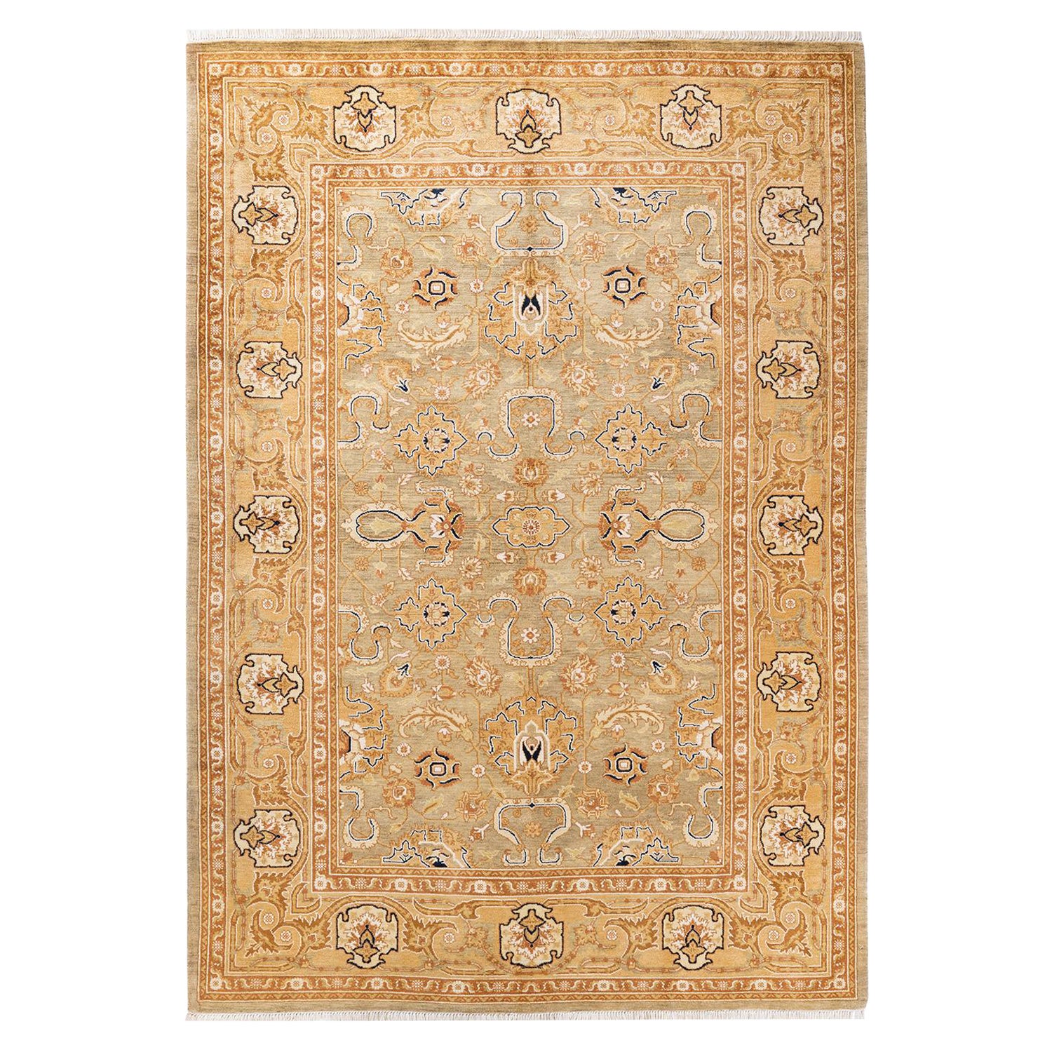 One of a Kind Hand Knotted Contemporary Oriental Eclectic Green Area Rug 