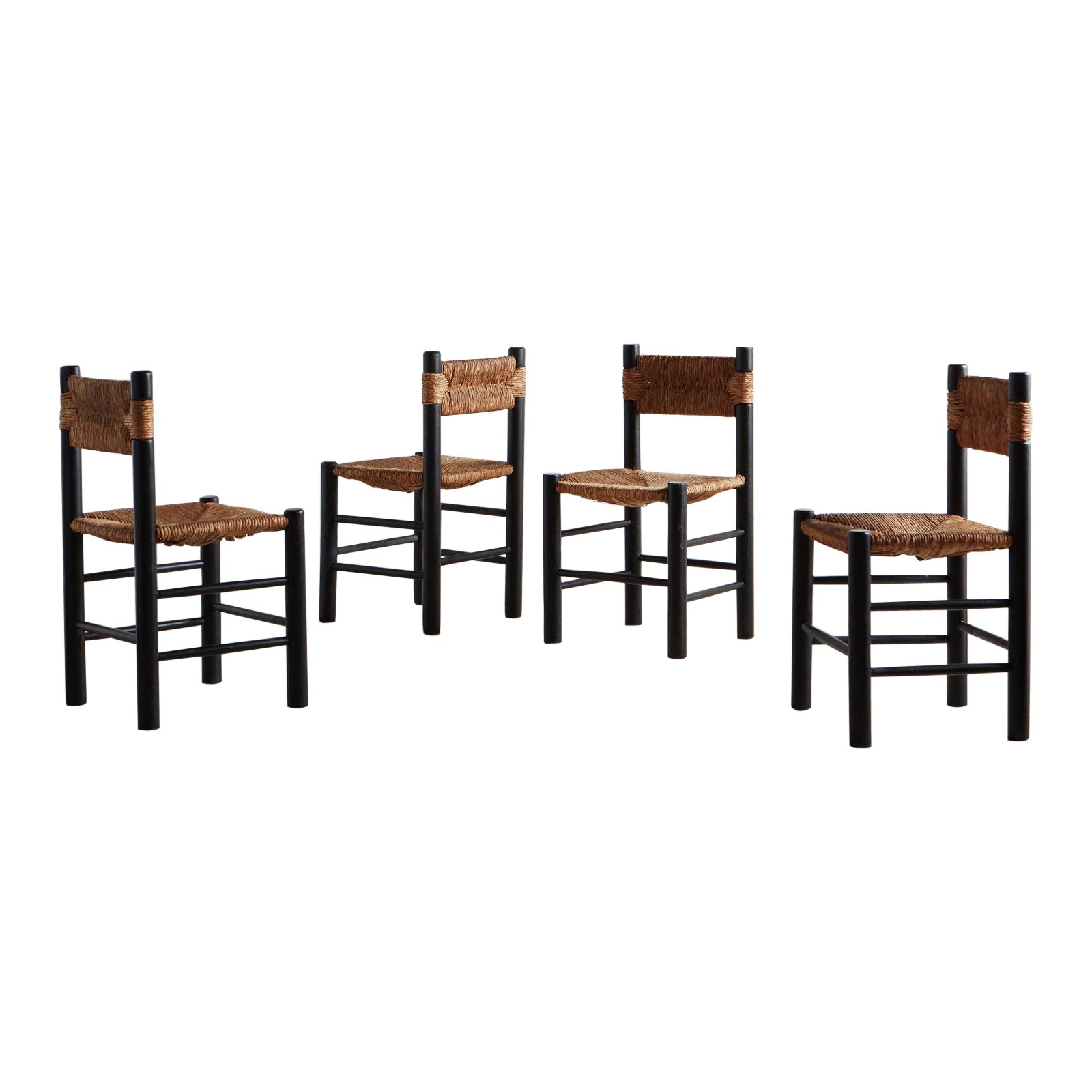 Set of 10 Rush + Black Wood Dining Chairs in the Style of Charlotte Perriand  For Sale