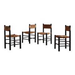 Set of 10 Rush + Black Wood Dining Chairs in the Style of Charlotte Perriand 