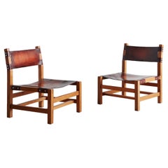 Pair of Elm Wood + Leather Fireside Lounge Chair Attributed to Maison Regain 