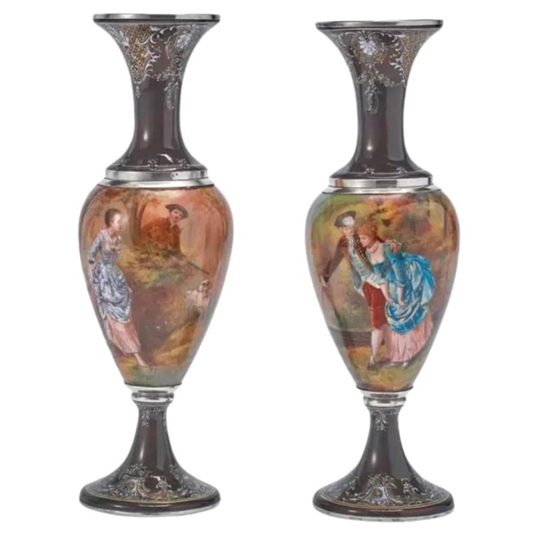 Pair of French Silver & Limoges Enamel Vases, Retailed by Tiffany & Co.