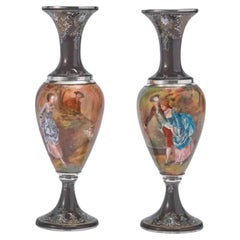 Used Pair of French Silver & Limoges Enamel Vases, Retailed by Tiffany & Co.