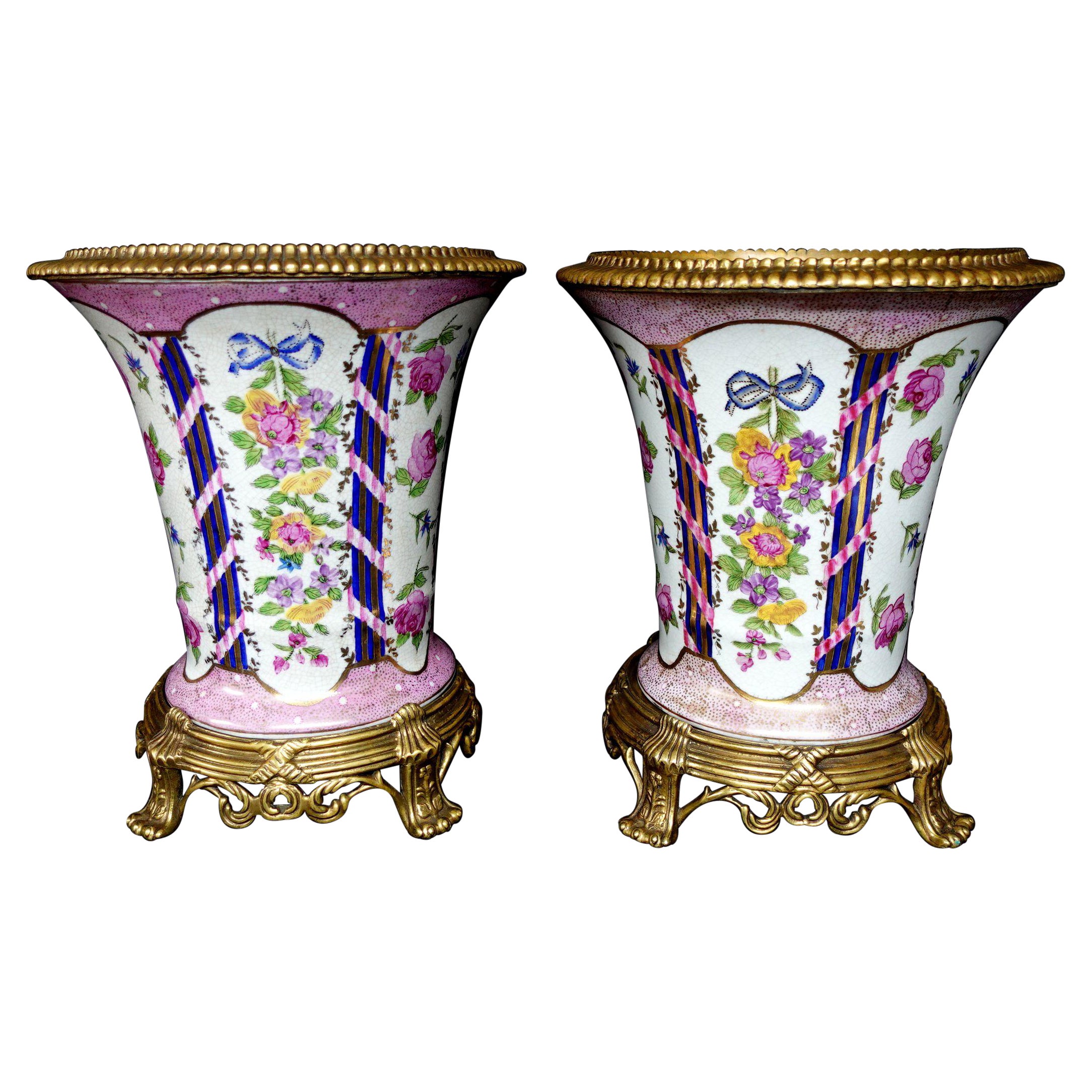 Pair of Large Urns, Having Bronze Rim and Foot, Marked on the Bottoms For Sale