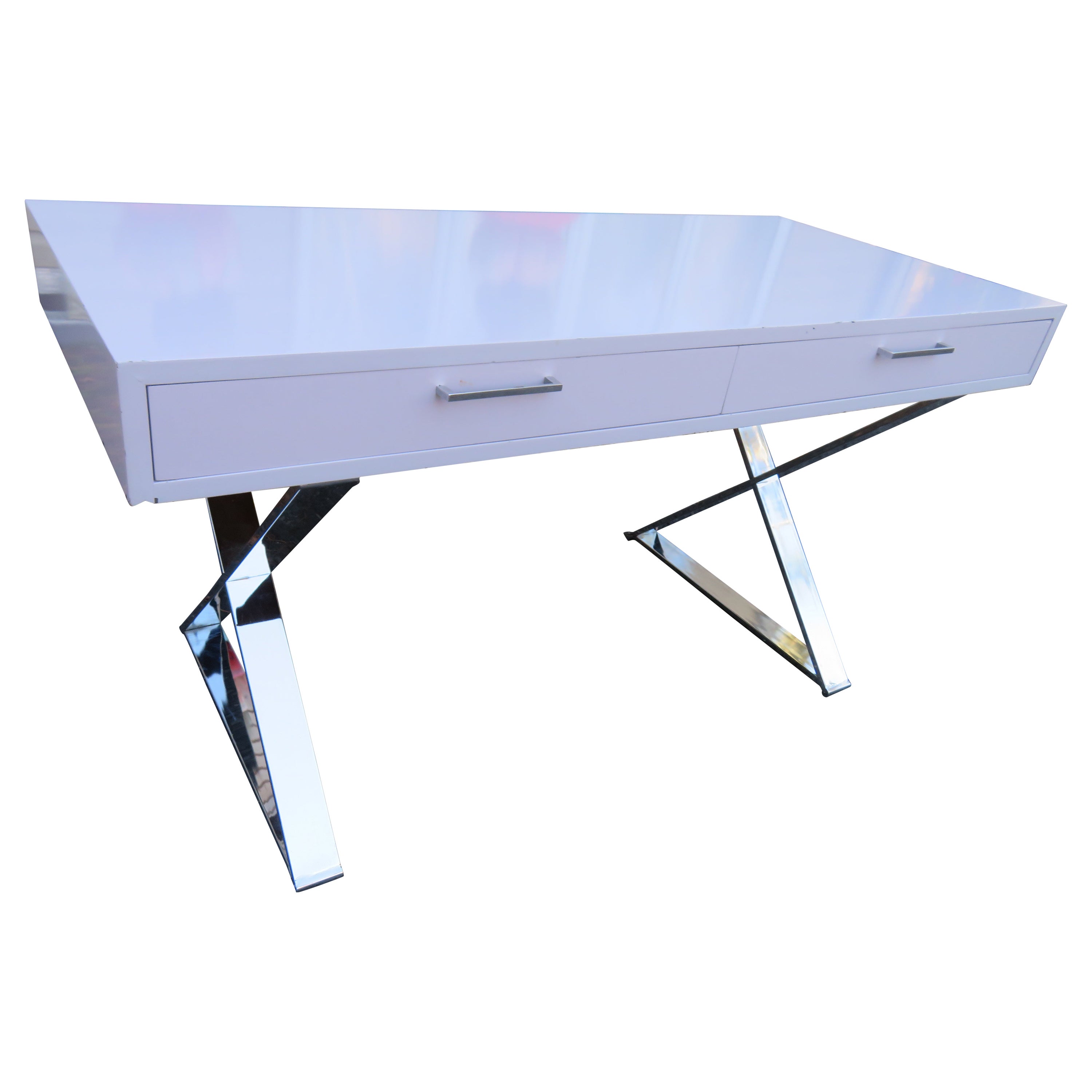 Sleek Milo Baughman Style Chrome x Base Desk John Stuart Mid-Century Modern For Sale