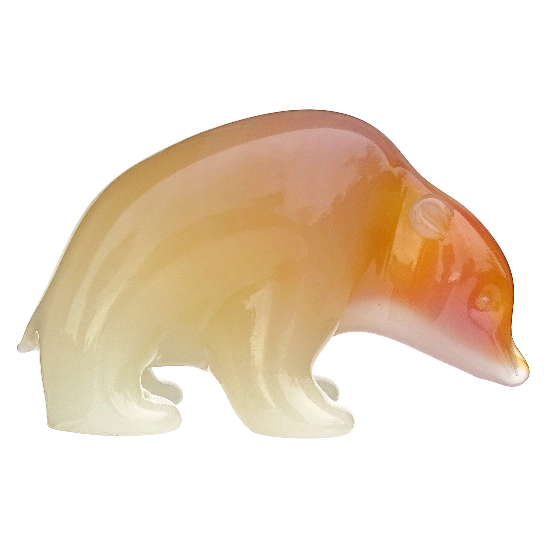 Archimede Seguso Murano Orange White Opalescent Italian Art Glass Bear Sculpture For Sale
