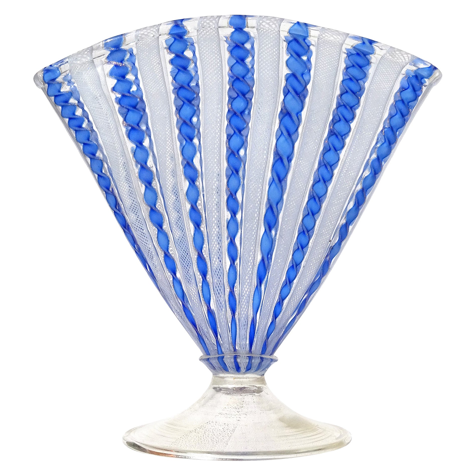 Murano White Pink Aventurine Ribbons Italian Art Glass Fan Shaped