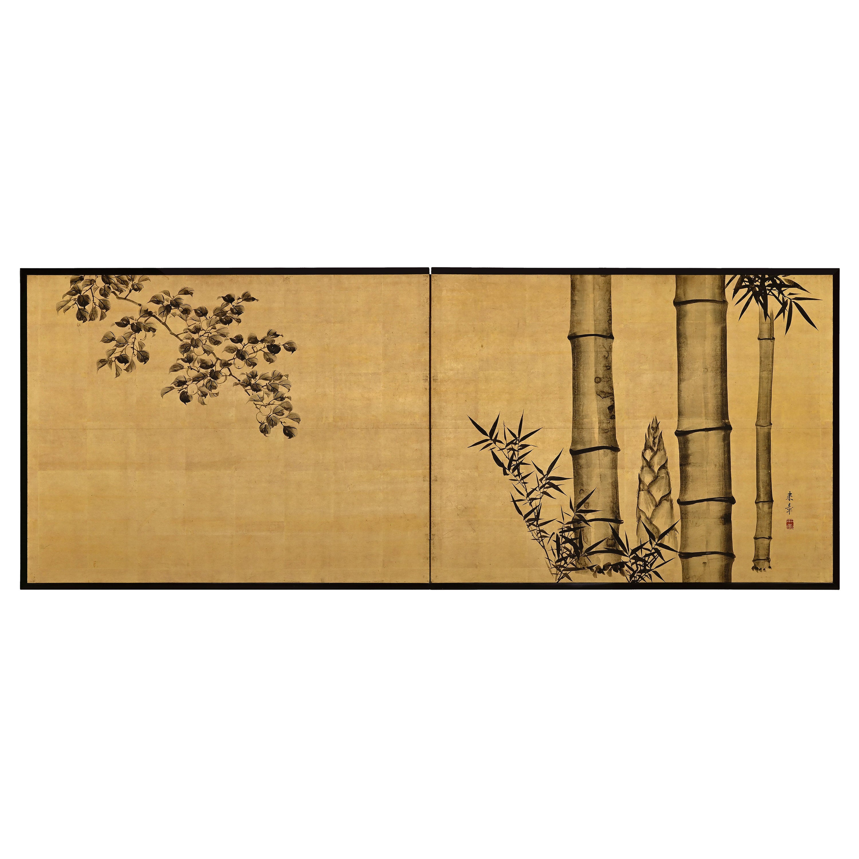 Paravent japonais du 19me sicle pour le crmonie du th, encre de bambou et prune sur feuille d'or