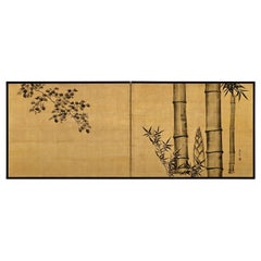 19th Century Japanese Screen for Tea-Ceremony, Ink Bamboo and Plum on Gold Leaf