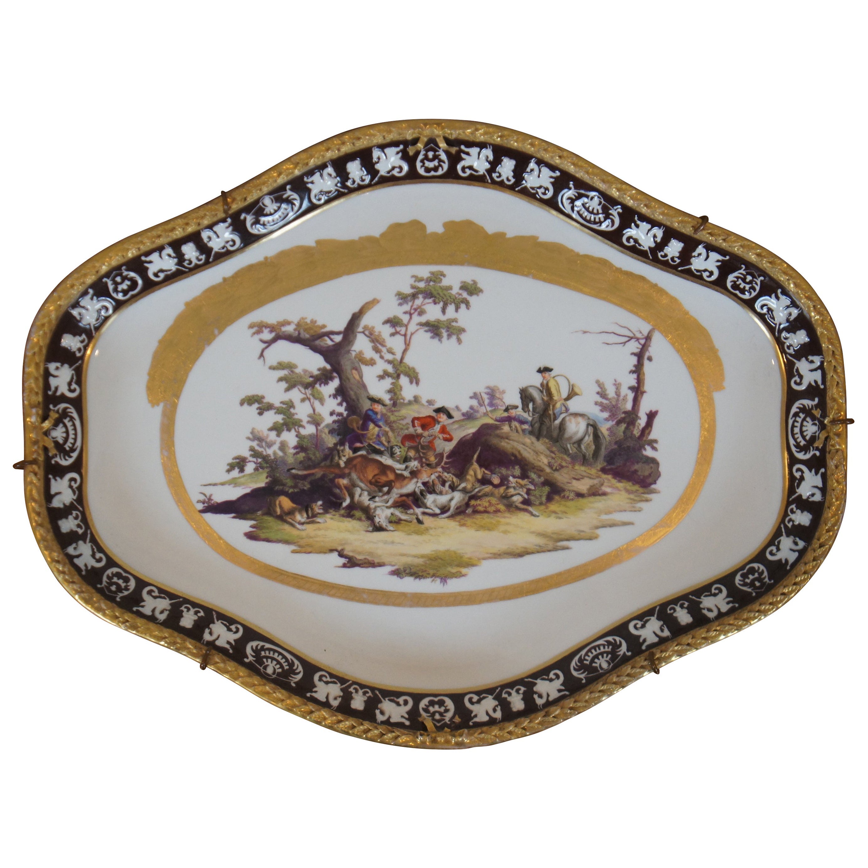 Antique Meissen Dresden Porcelain Deer Hunt Tete-a-tete Serving Tray Platter