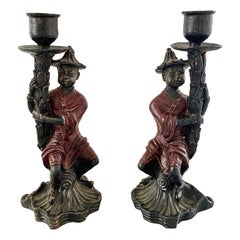 Chinoiserie Cast Iron Figurative Candle Holders, Pair