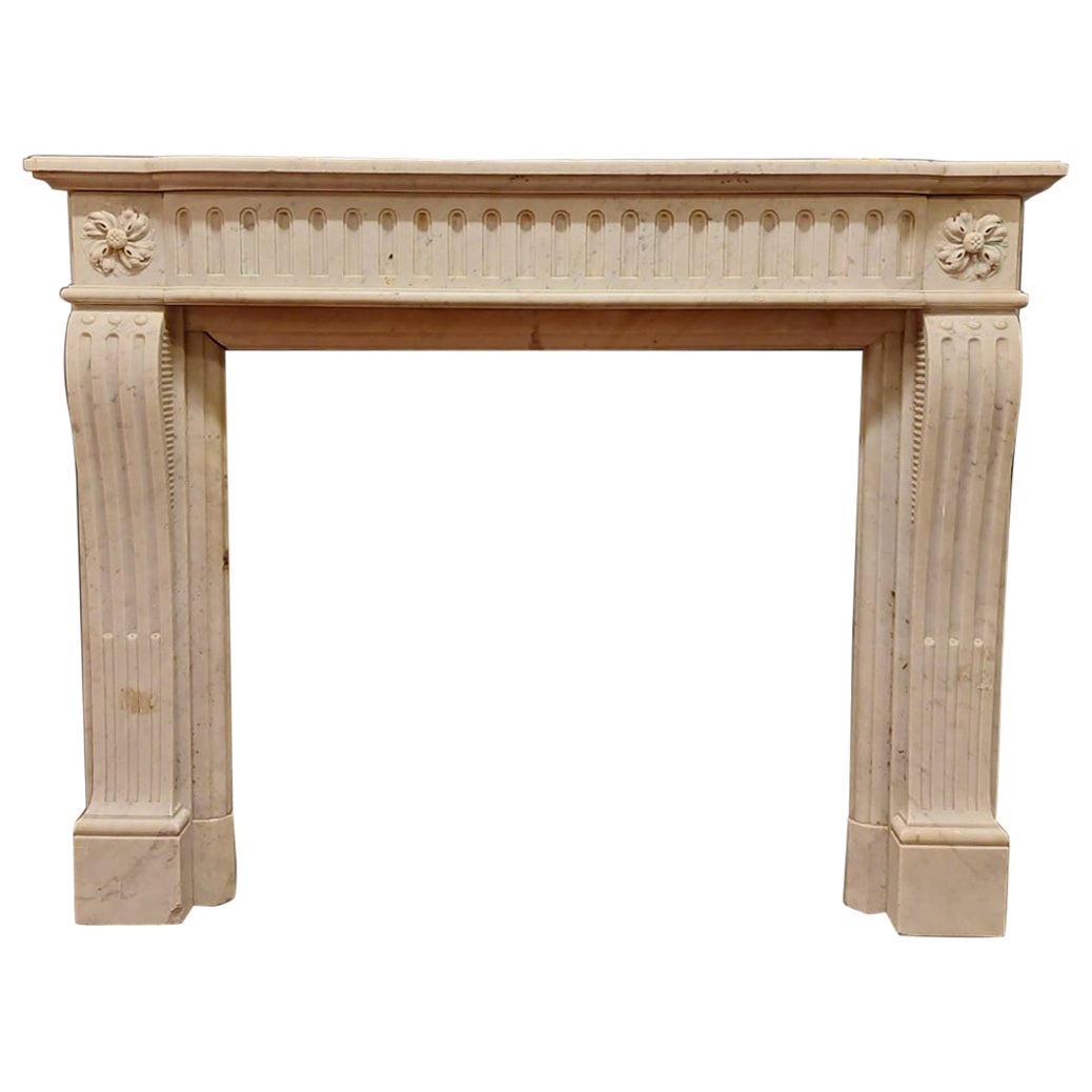 Fireplace in White Carrara Marble, Carved Flowers and Decorations, '700 France