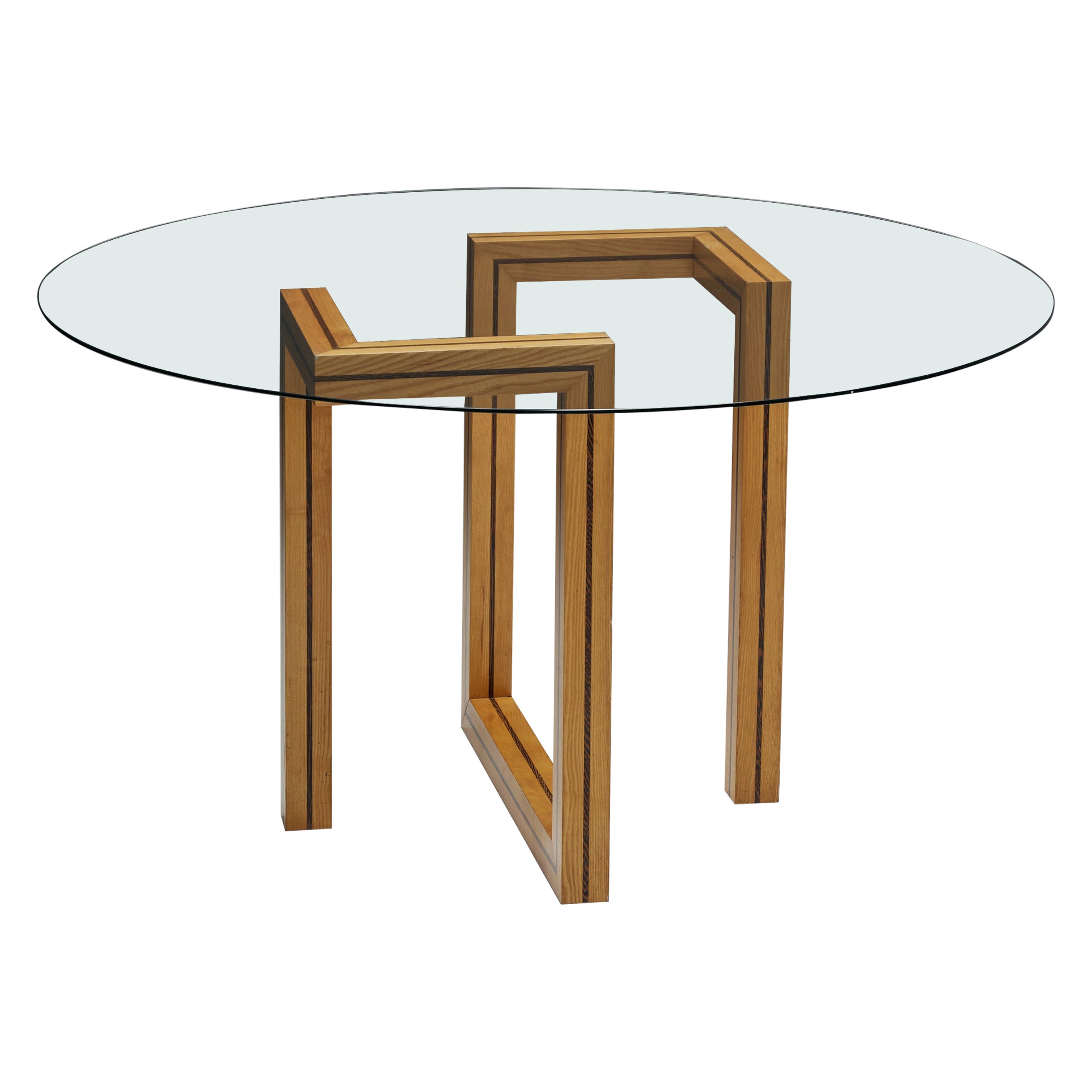Table de salle à manger ronde postmoderne en verre avec base géométrique, années 1970 en vente
