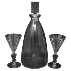 Rene Lalique Glass Decanter with Pair of Glasses 'Strasbourg' Design