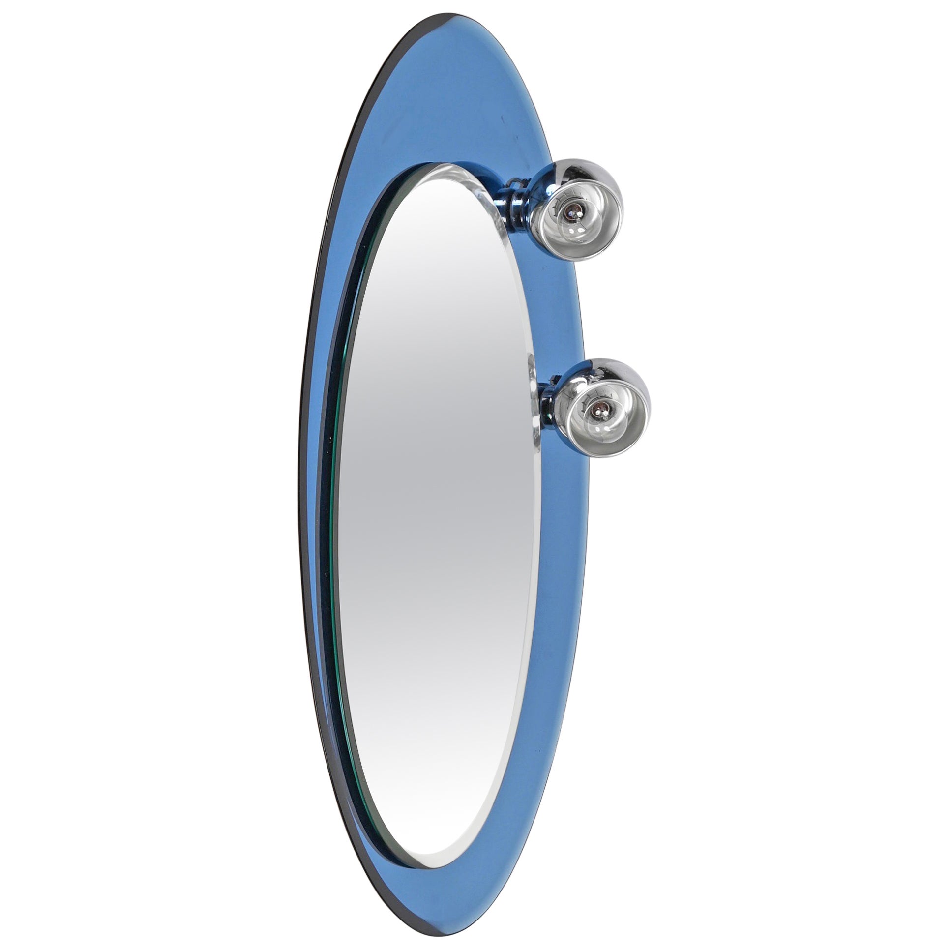 Midcentury Oval Wall Mirror with Blue Glass Frame and Magnetic Lights Italy 1960 For Sale