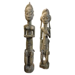 Pair of Large Sculptures in Lacquered Wood, Maternity, Senufo Tribe, Ivory Coast