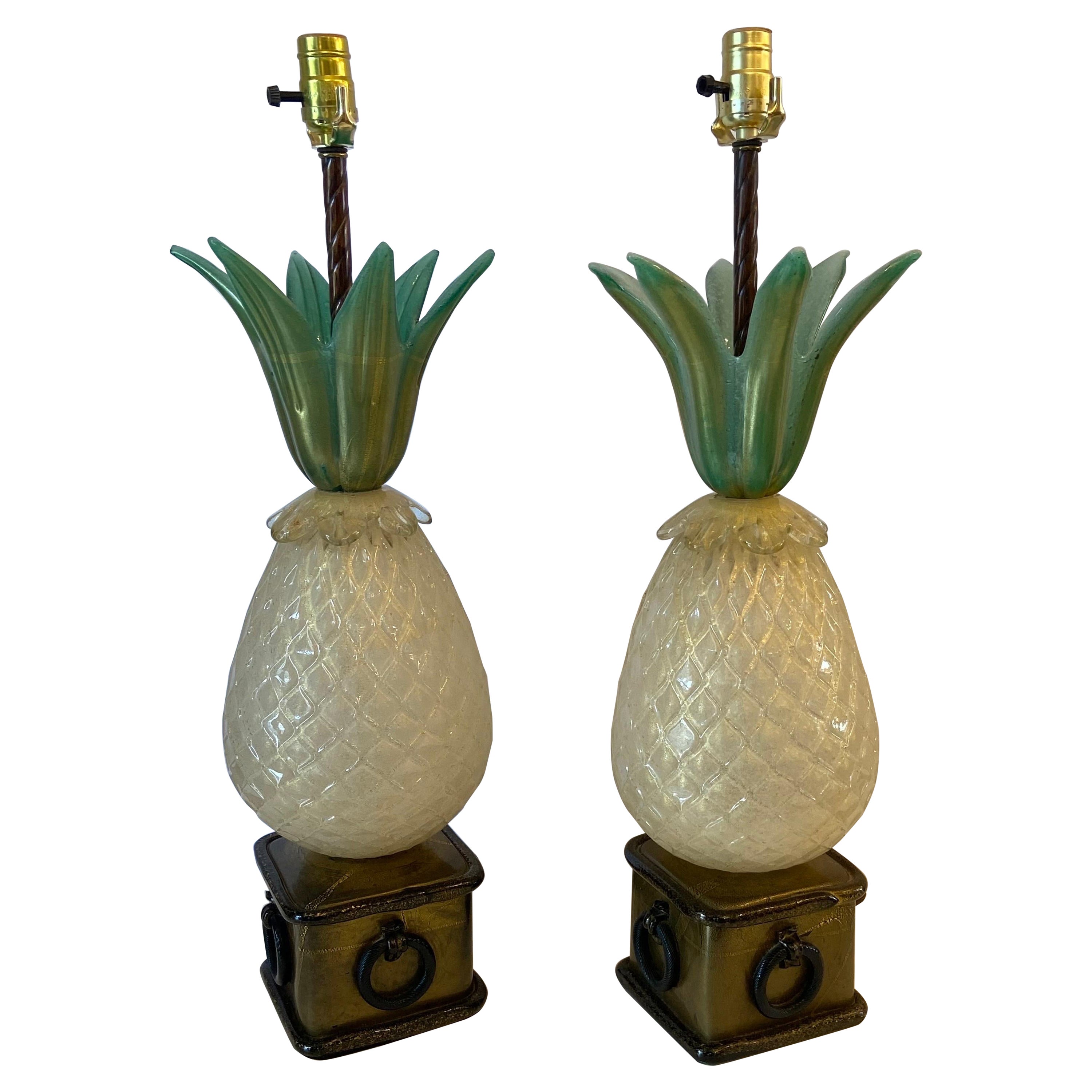 Paire de lampes ananas en verre de Murano par Barover