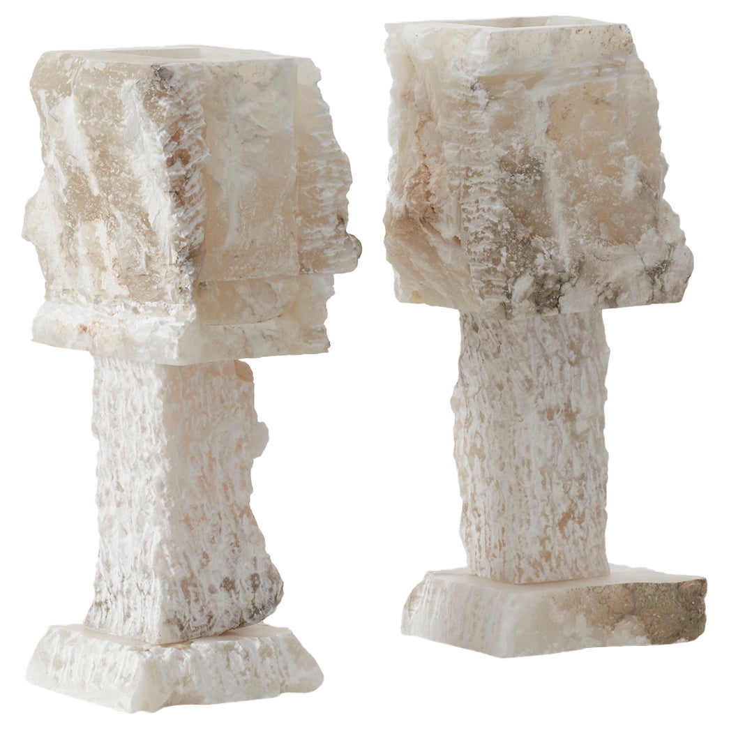 Late 20th Century Pair Rough Hewn Alabaster Lamps, Catalonia