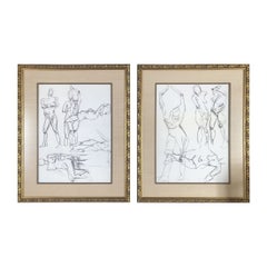 Nude Female Figural Drawlings in Gold Foil Frame, Unsigned