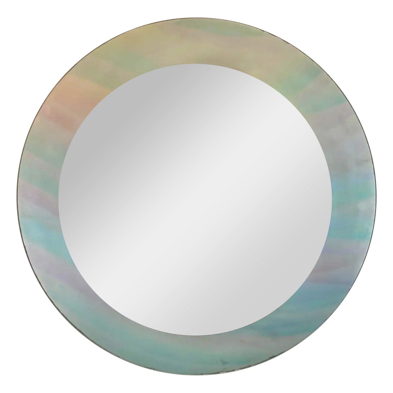 David Marshall Signed Modern Stained Glass Pastel Color Round Frame Mirror  For Sale