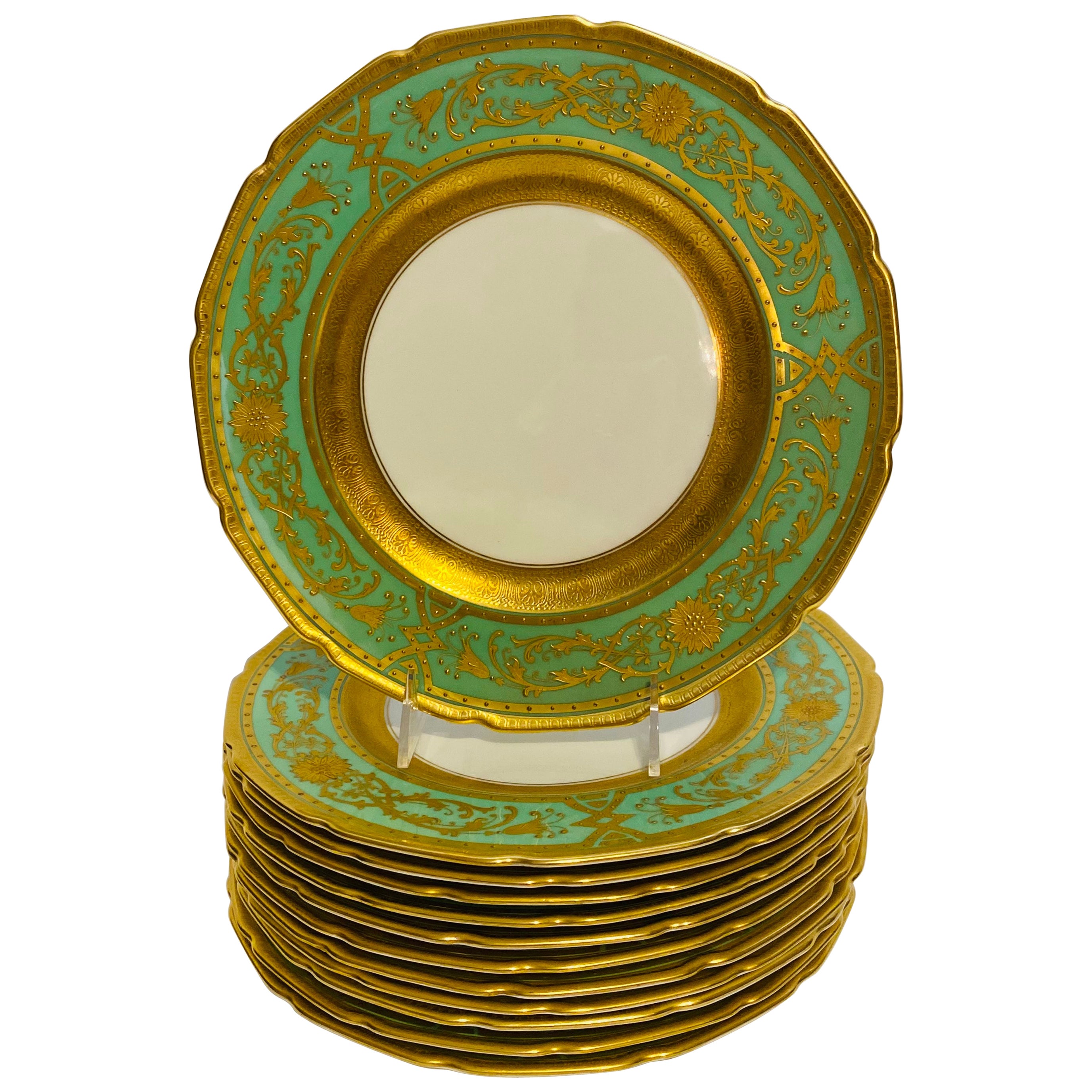 Twelve Heavy Gold & Green Dinner Plates, Antique English Circa 1910