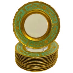 Twelve Heavy Gold & Green Dinner Plates, Antique English Circa 1910