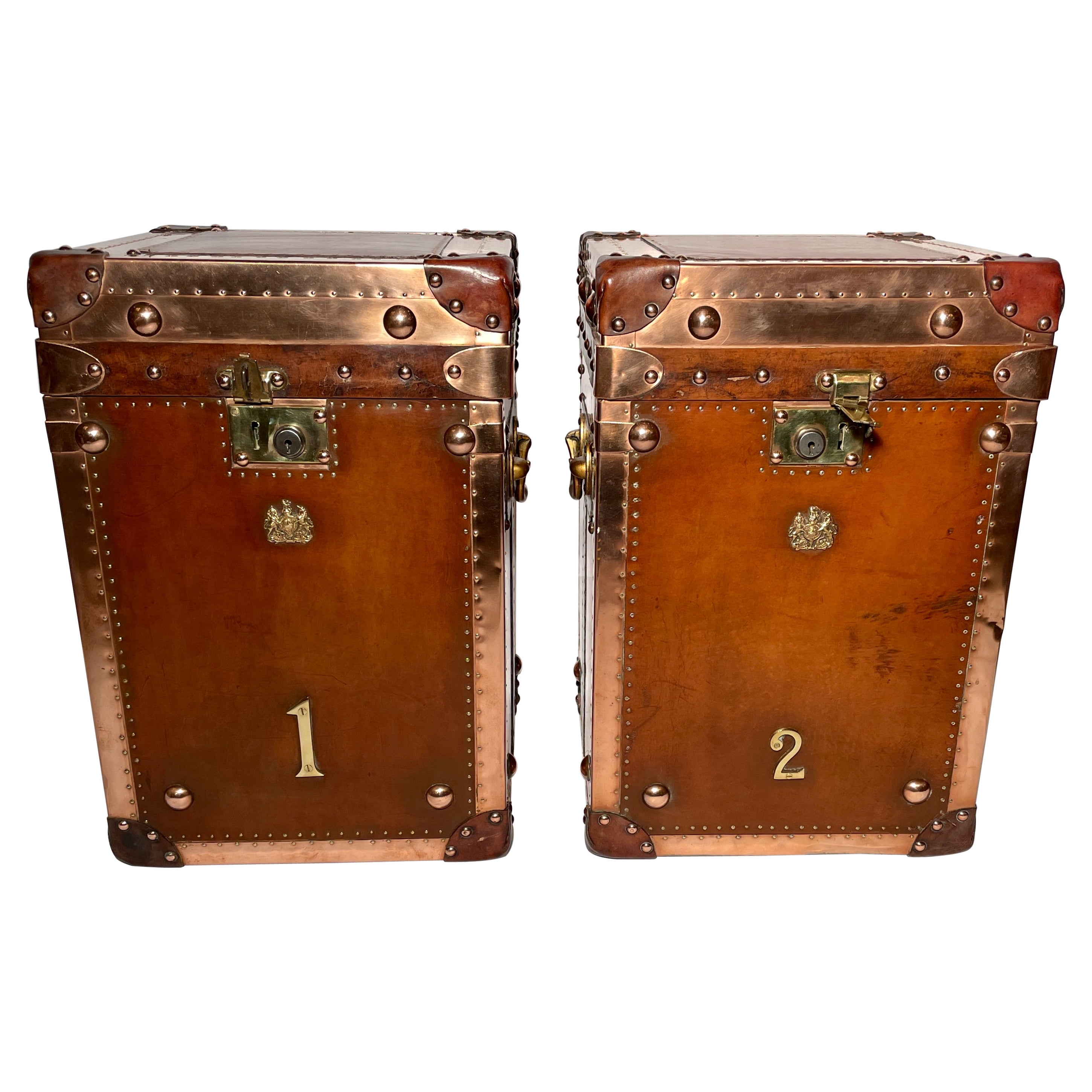 Pair Antique British Copper & Leather Trunks w/ Royal Corps of Marines Insignia