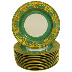 12 Heavily Gilt Encrusted Antique Green & Gold Minton England Dinner Plates