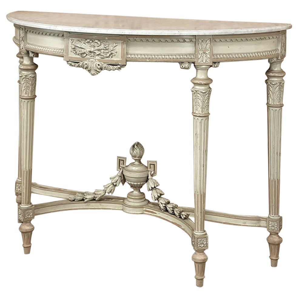 Grand French Louis XVI Painted Demilune Console with Carrara Marble Top For Sale