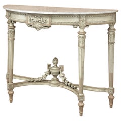 Grand French Louis XVI Painted Demilune Console with Carrara Marble Top