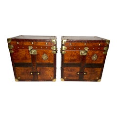 Pair Antique British Military Leather Trunks w Brass Badge of Royal Coat of Arms