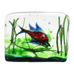 A.Ve.M. Murano Blue Red Green Swimming Fish Italian Art Glass Aquarium Block
